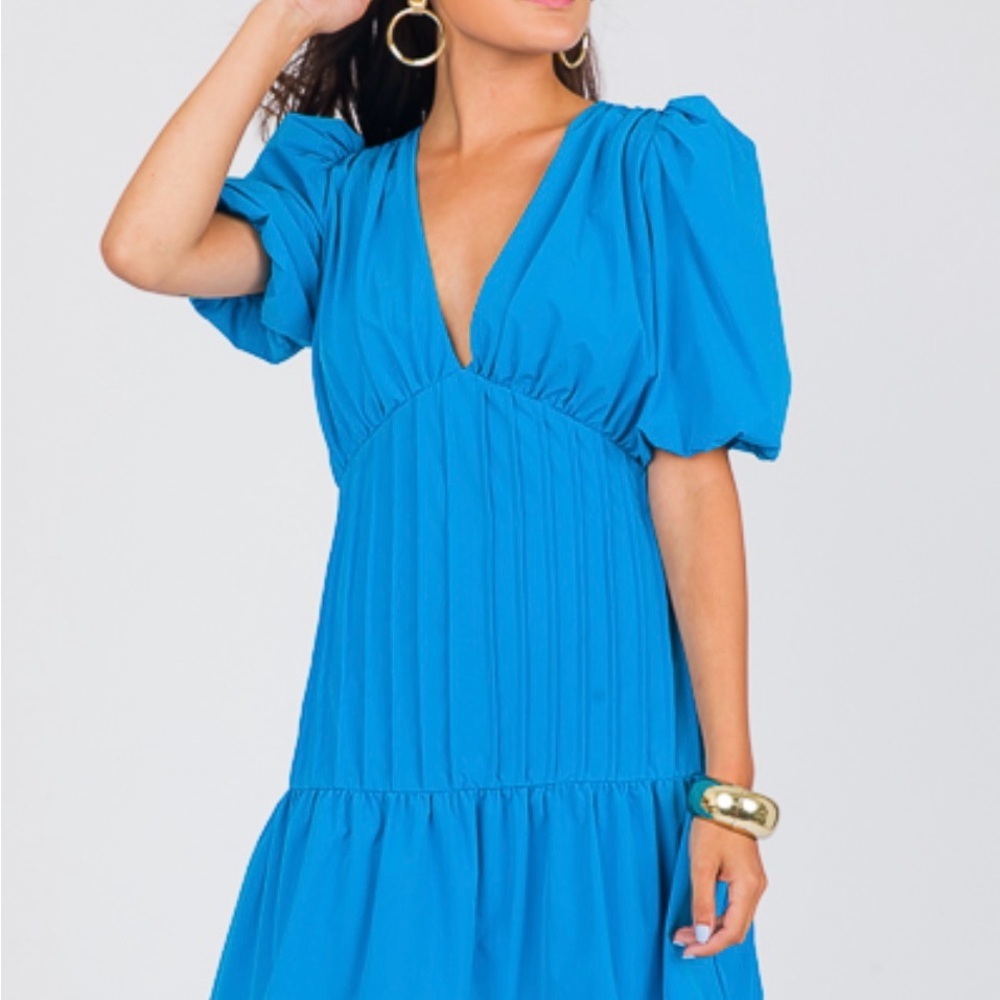 TCEC Blue Ruched Puff Sleeve Midi Dress, lined, size S